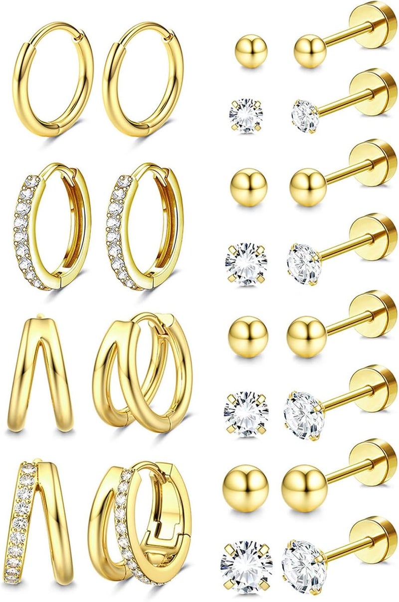 Jstyle Hypoallergenic 14K Gold Plated Stud Hoop Earrings for Women Men Surgical Stainless Steel Flat Back Earrings Small Huggie Hoops Cartilage Earring Set for Multiple Piercing Jewelry Gift for Women - Image 1